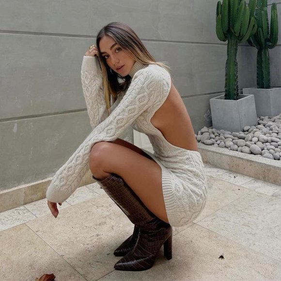 Long Sleeve Turtleneck Sweater Dress Open Back Mini Dress - Beige - Picture 5 of 14